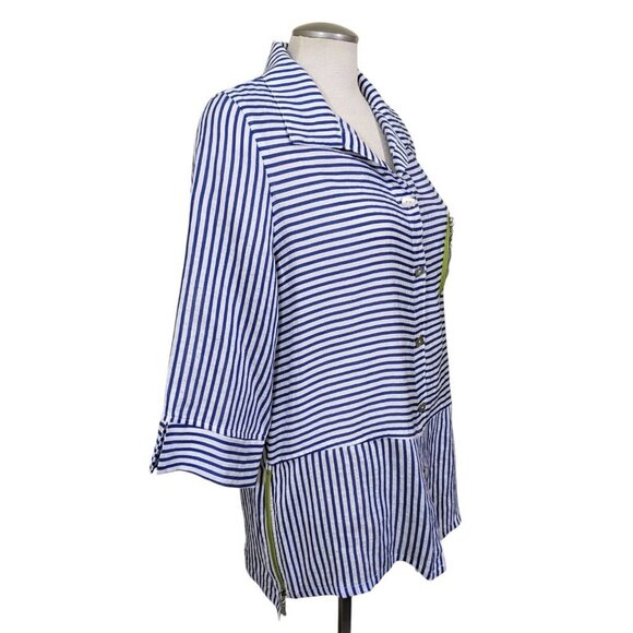IC Connie K Button Up Shirt Blouse Womens L White Blue Striped Zippers Flax - Picture 3 of 11